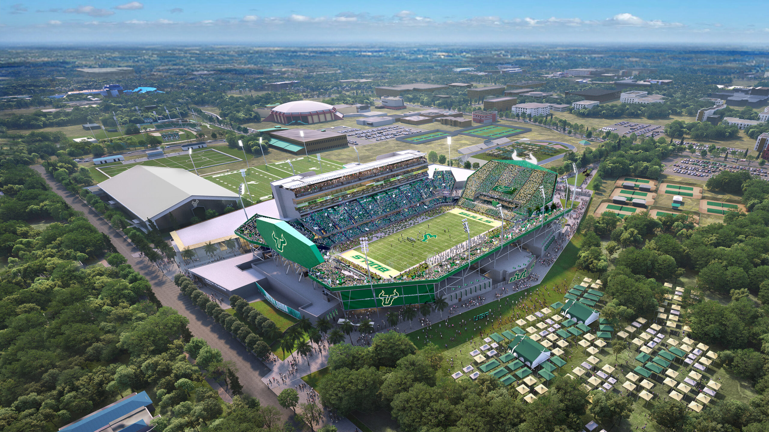 Aerial rendering of the new on-campus football stadium at USF Tampa
